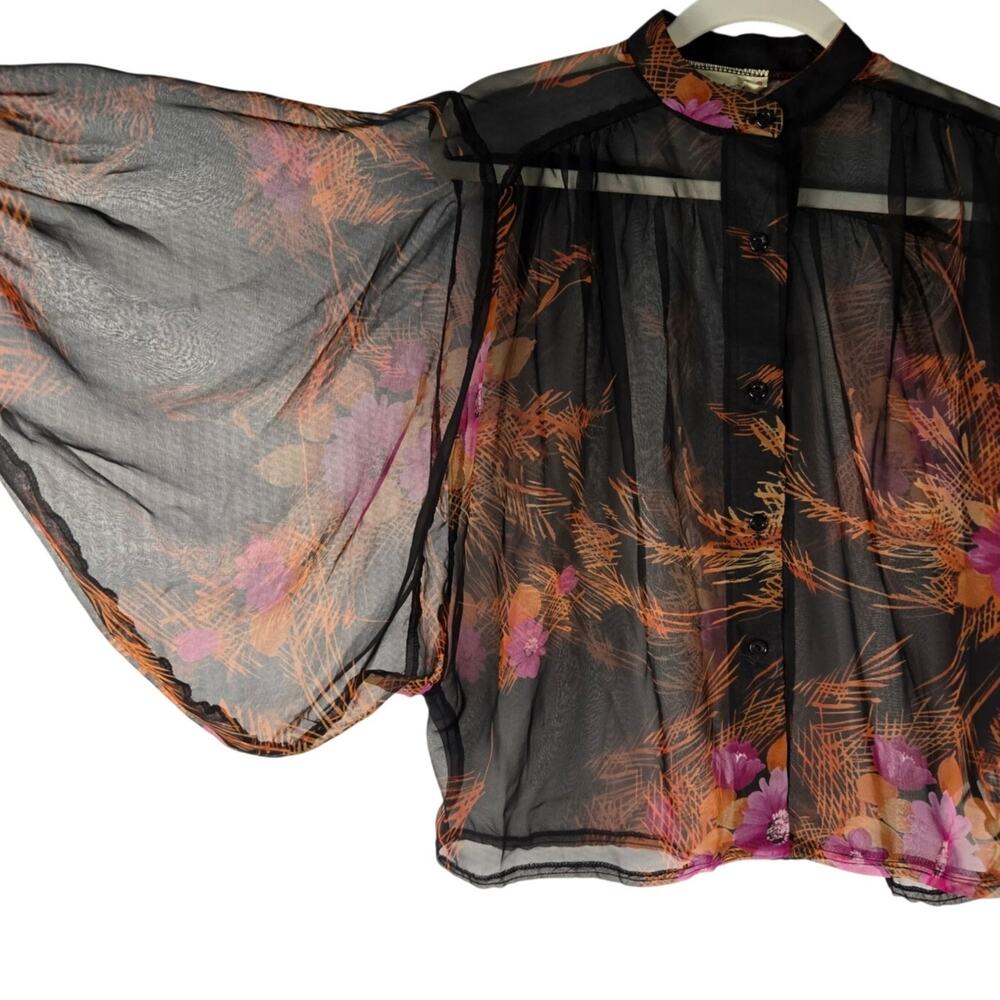 1980s LA Chic California Sheer Chiffon Retro Floral Blouse Lightweight Button Up - Picture 4 of 8